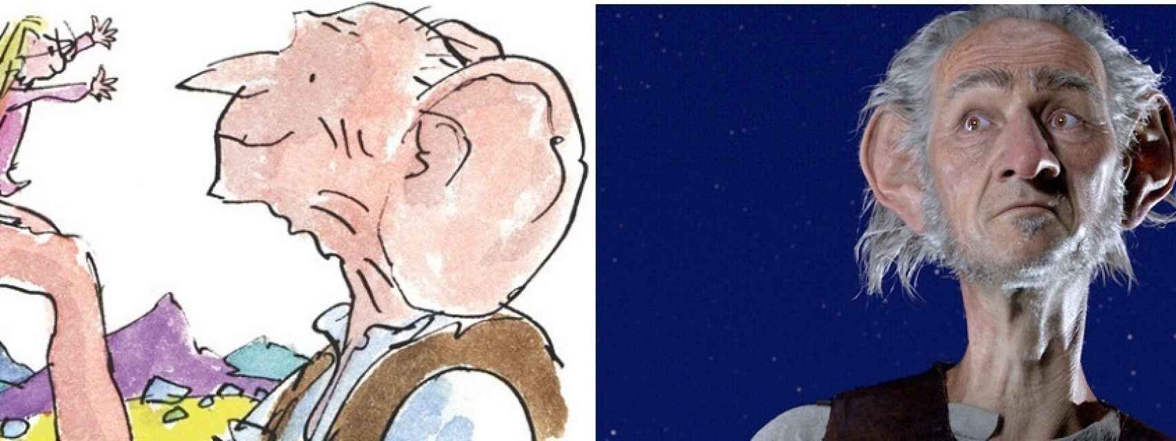 A la derecha, la ilustración de Quentin Blake; a la izquierda la versión de Spielberg.