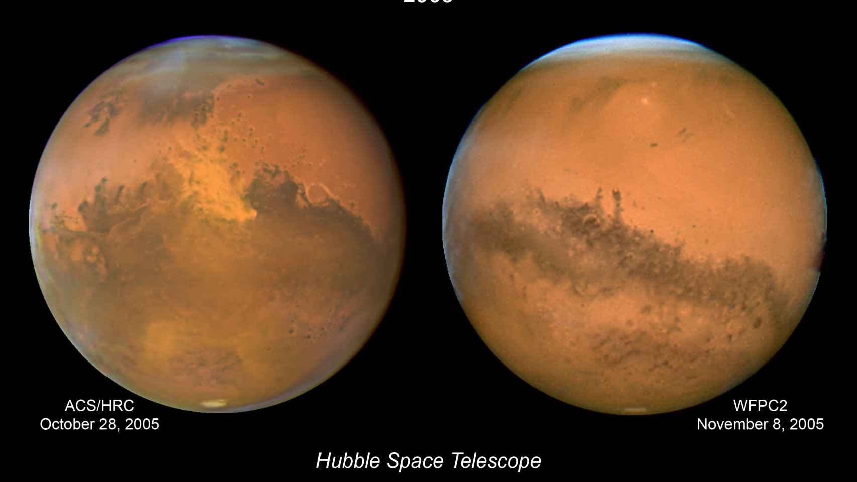 Dos imágenes del planeta en una aproximación y oposición parcial, en octubre y noviembre de 2005.