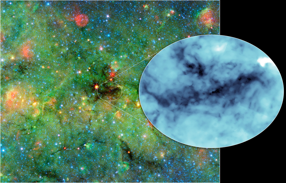 This is one segment of an infrared portrait of dust and stars radiating in the inner Milky Way. More than 800,000 frames from NASA's Spitzer Space Telescope were stitched together to create the full image, capturing more than 50 percent of our entire gala