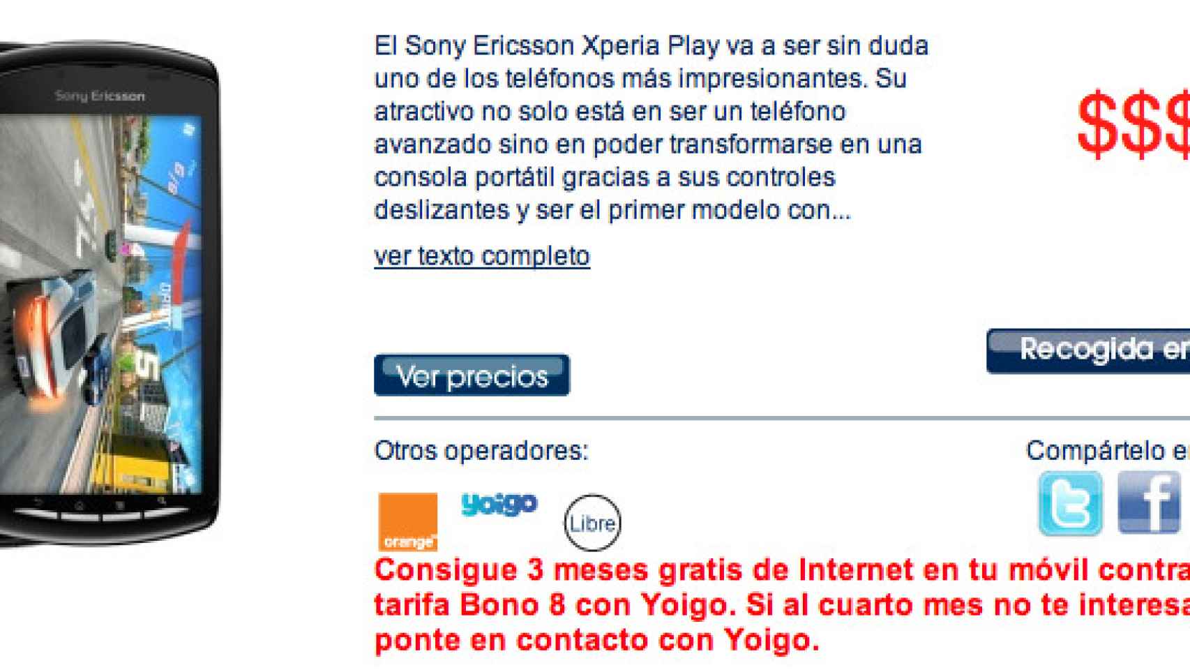 Precios del Sony Ericsson Xperia Play en The Phone House con Orange y Yoigo