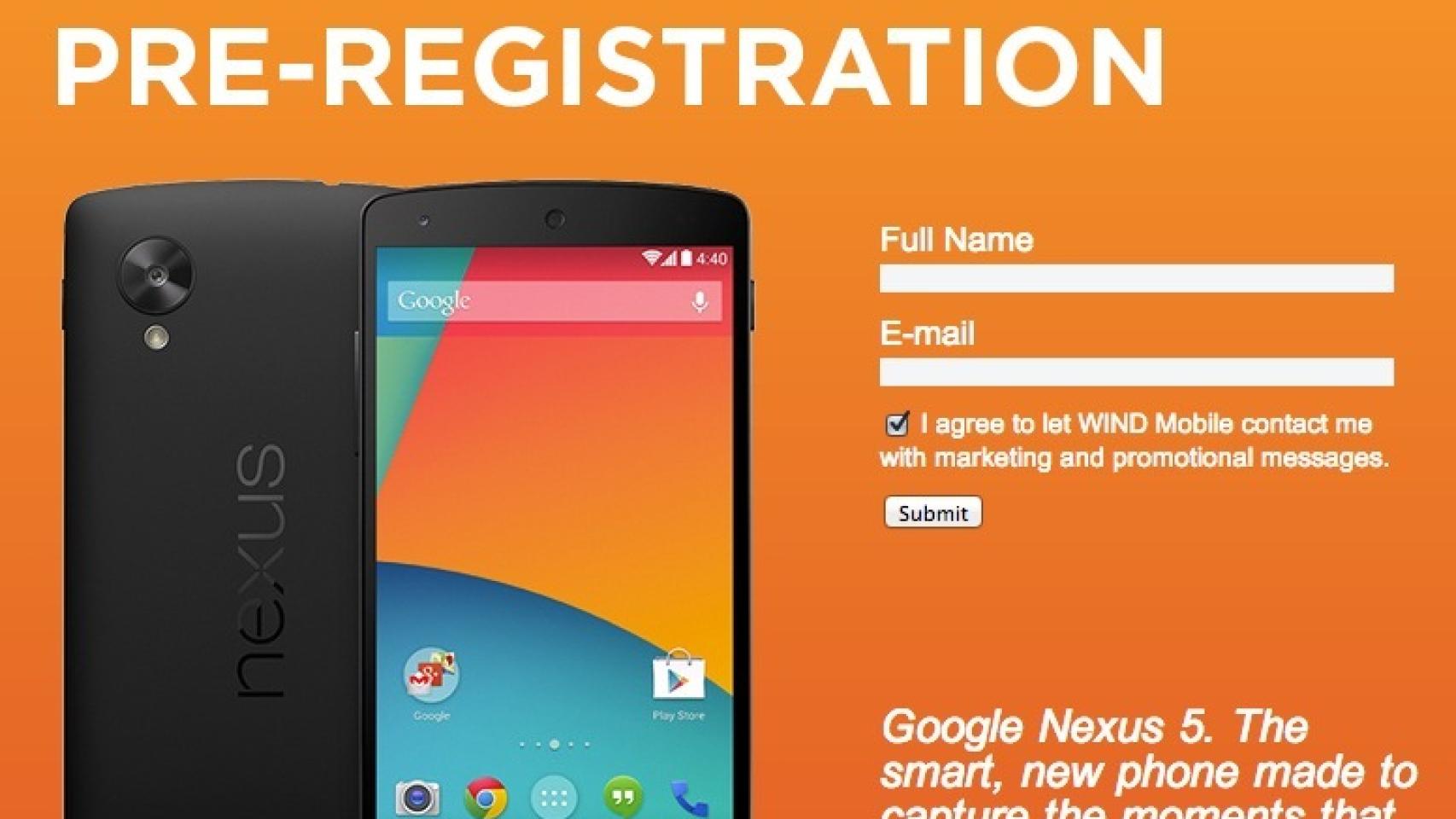 El pre-registro de Wind Mobile muestra las características finales del Nexus 5 y los almacenes de LG ya están llenos