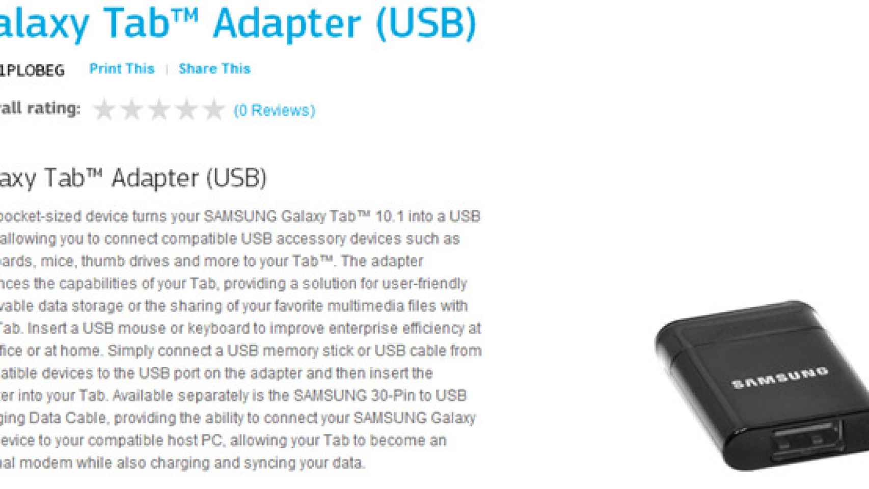 Adaptador puerto USB Host (USB on the go) para Samsung Galaxy 10.1