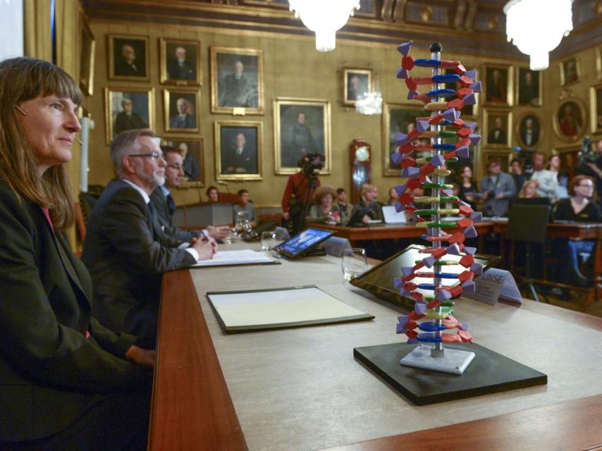 Una doble hélice de ADN junto al Comité Nobel de Química