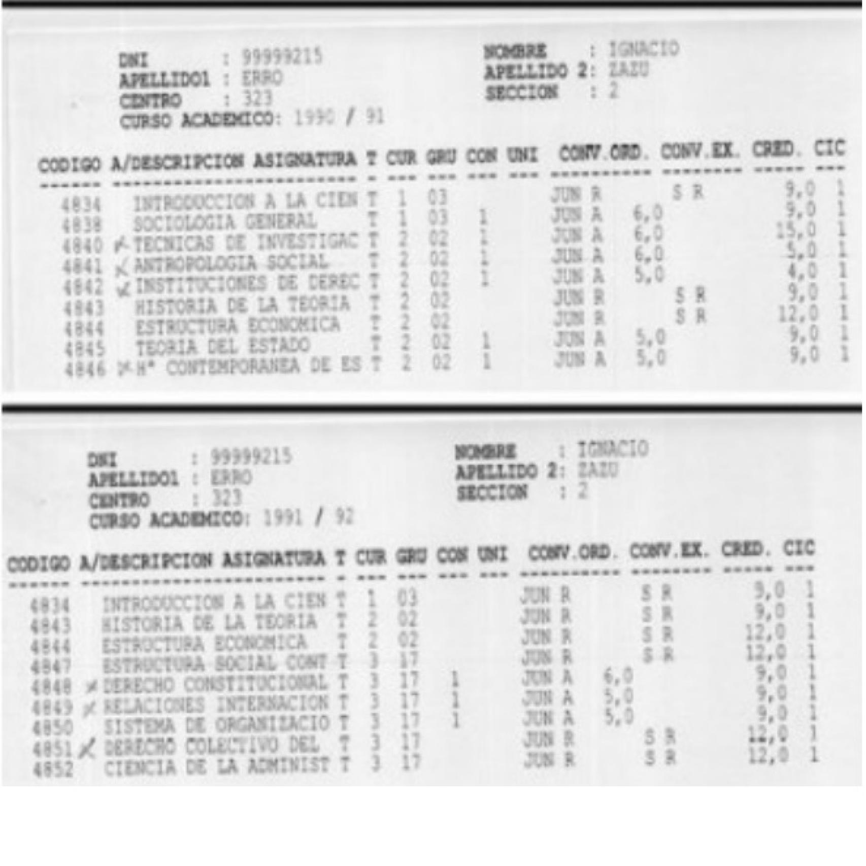 Resguardo de las calificaciones de Ignacio Erro Zazu con DNI falso.