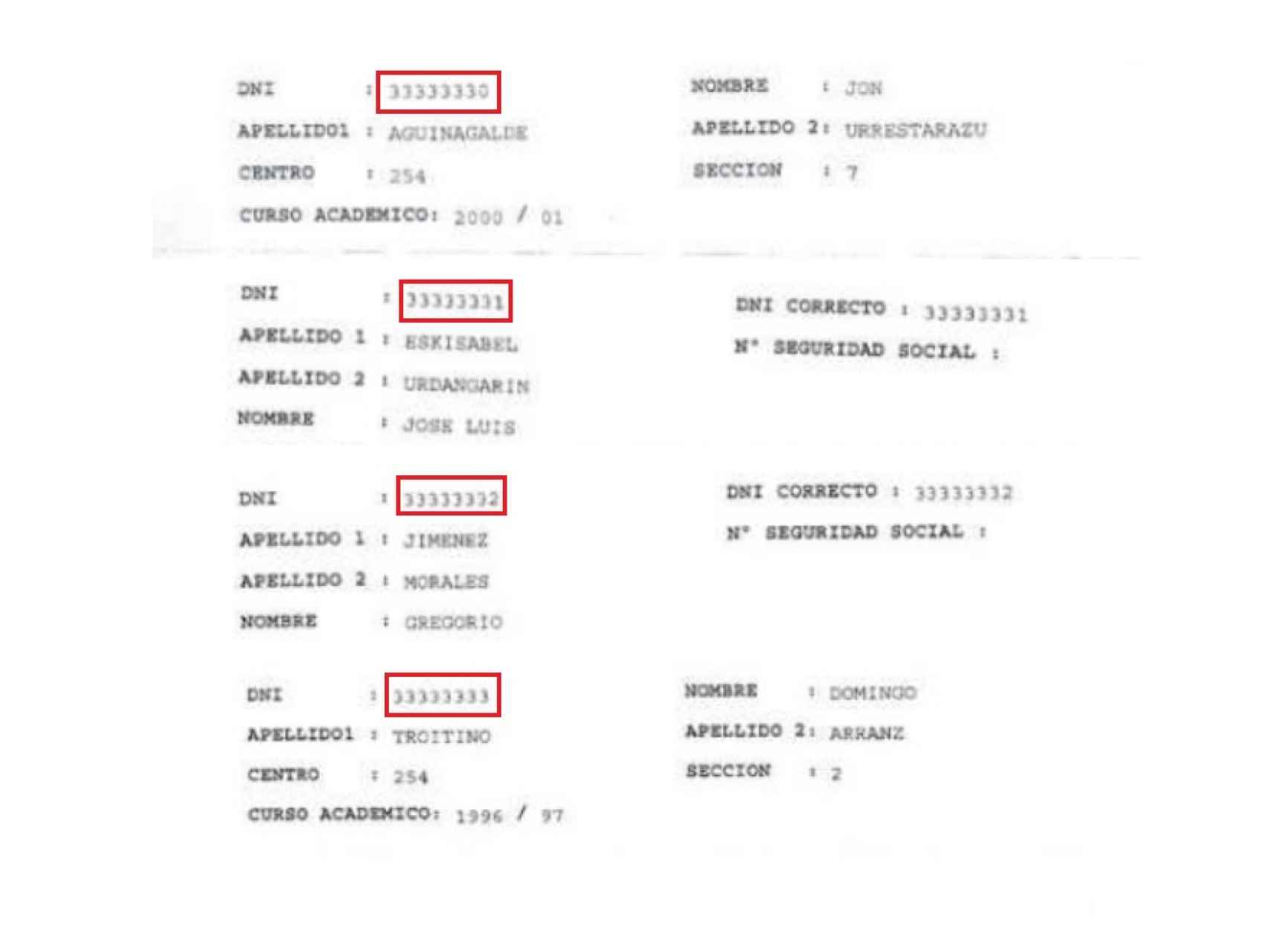 Documentos falsos, con numeraciones consecutivas, en los expedientes universitarios.