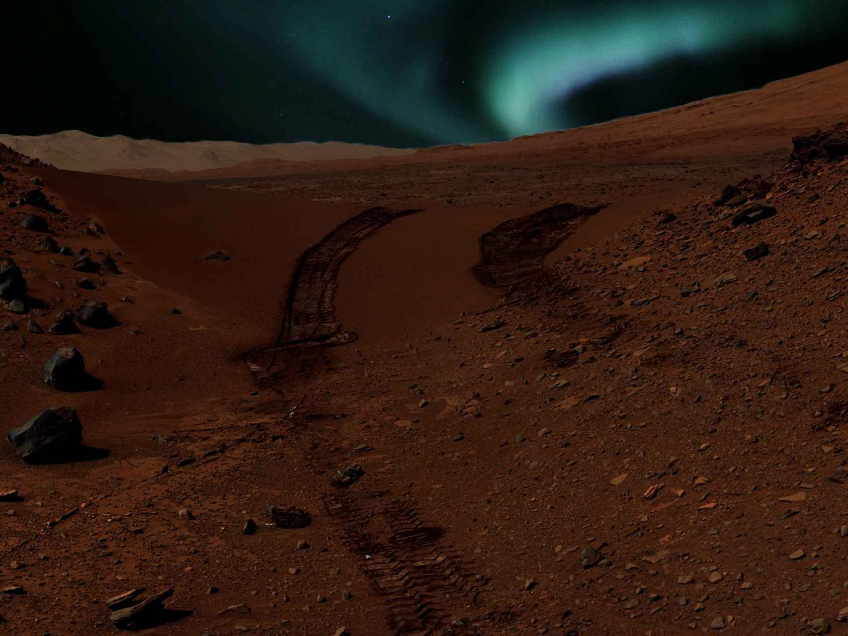 Así se verían las auroras marcianas desde el vehículo Curiosity.