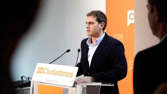 El secretario general de Ciudadanos, Albert Rivera, durante la rueda de prensa que ofreció en la sede del partido en Madrid.