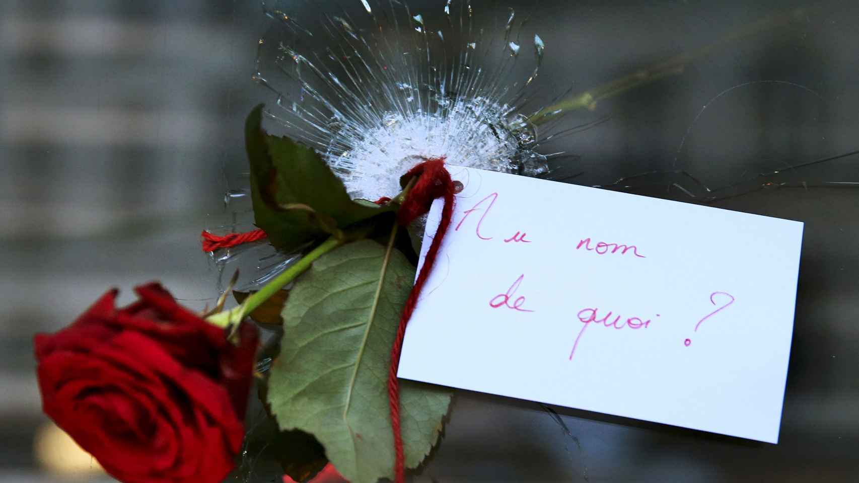 Una rosa con mensaje en uno de los agujeros que dejaron las balas en uno de los restaurantes atacados: ¿En nombre de qué?.