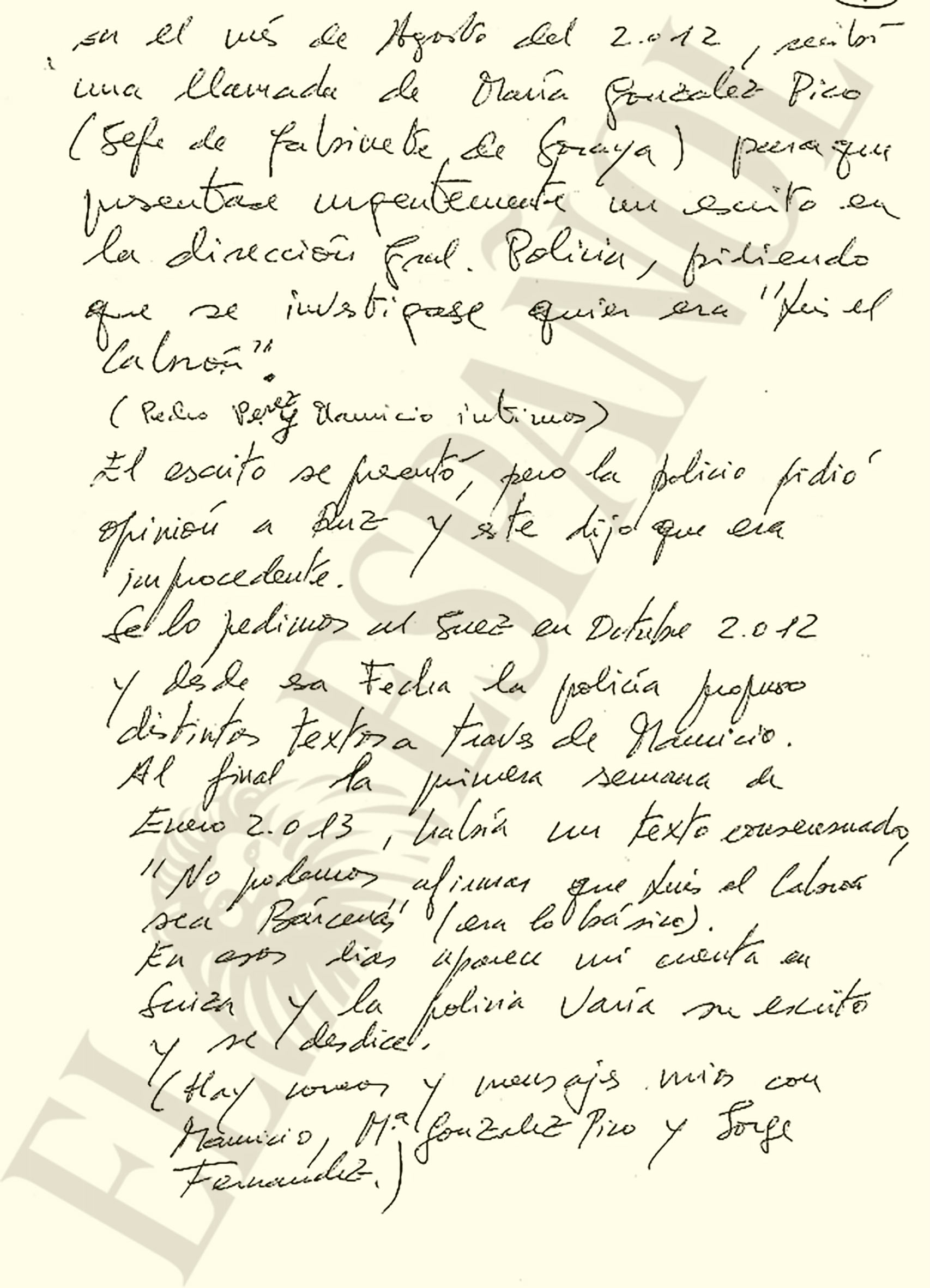 Segundo folio del manuscrito enviado por Bárcenas a la Audiencia Nacional.