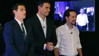Albert Rivera, Pedro Sánchez y Pablo Iglesias durante un debate en televisión.