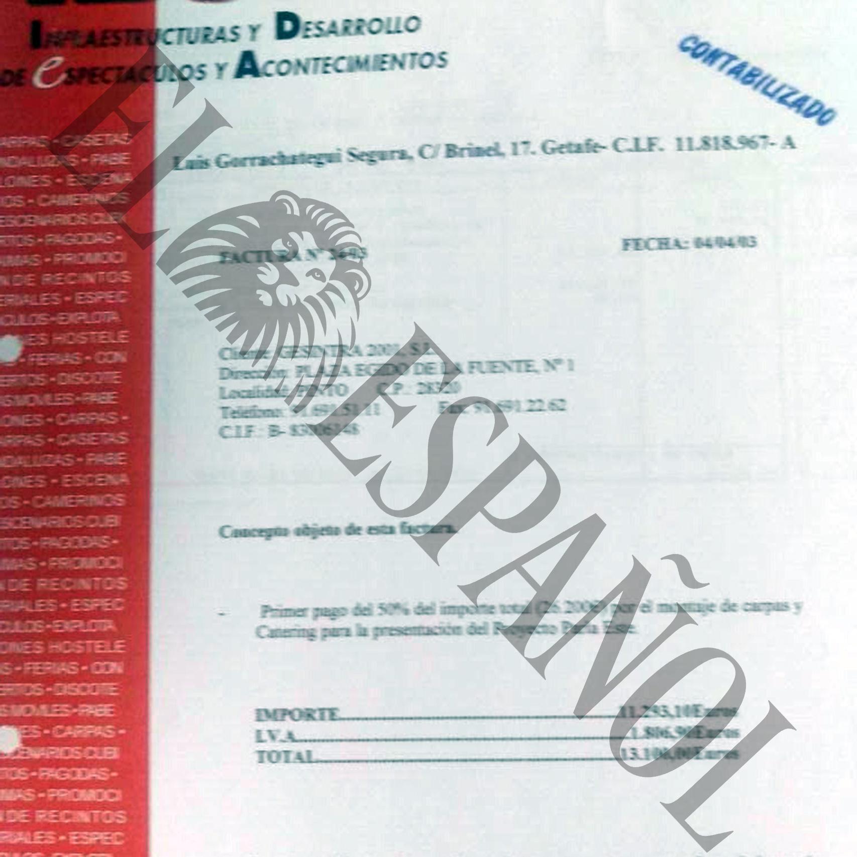 Factura pagada por Getrinsa 2001 SL por más de 11.000 euros en montaje de carpas y catering.
