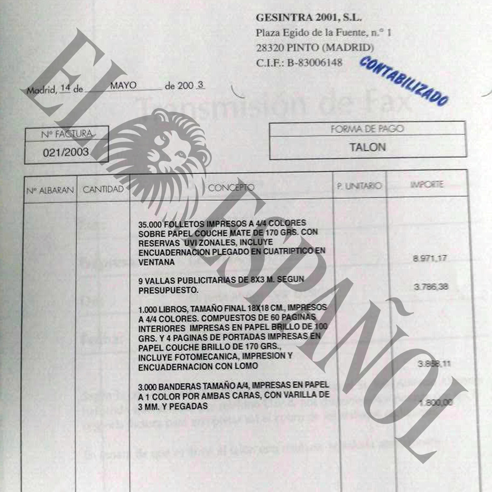 Nueva factura de Gesintra 2001 SL de mayo de 2003 abonando vallas, folletos y banderas.