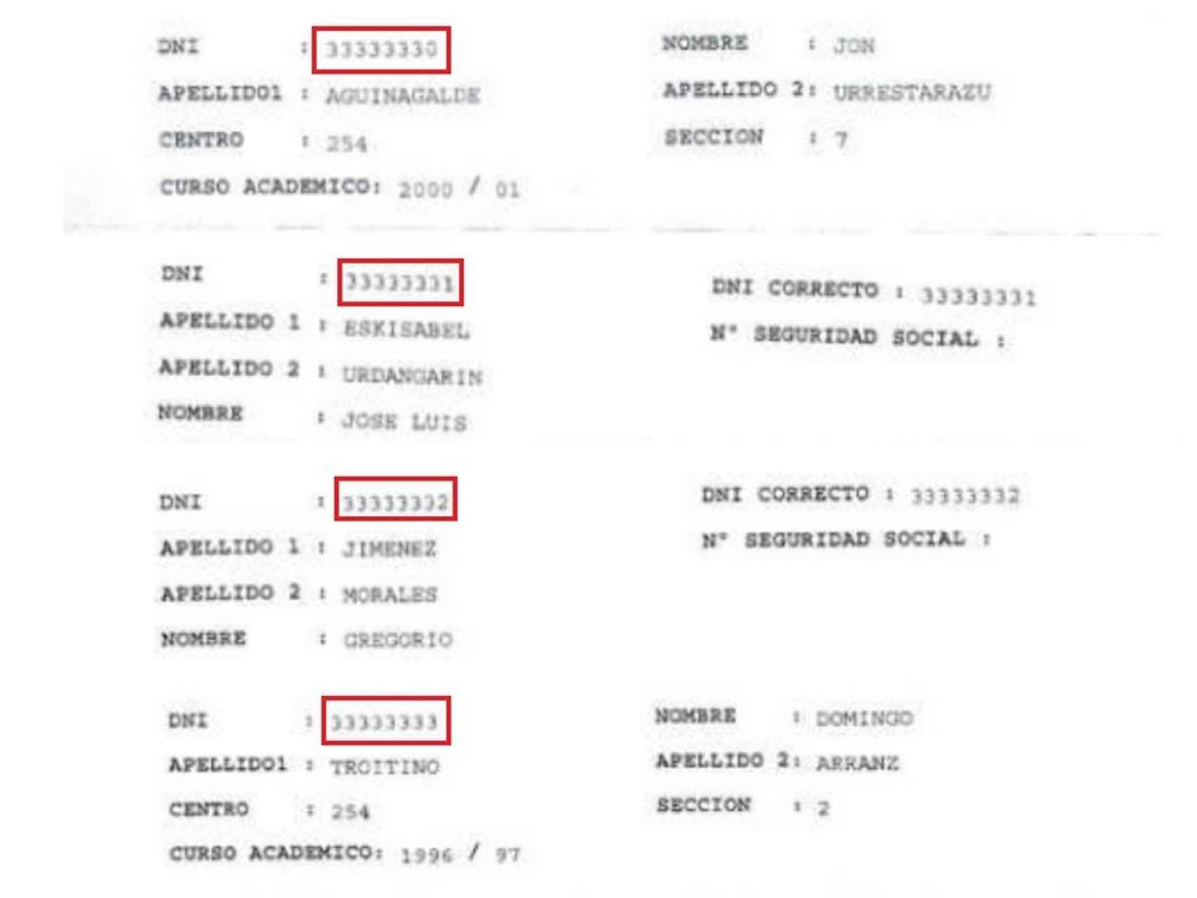 Documentos falsos, con numeraciones consecutivas, en los expedientes universitarios.