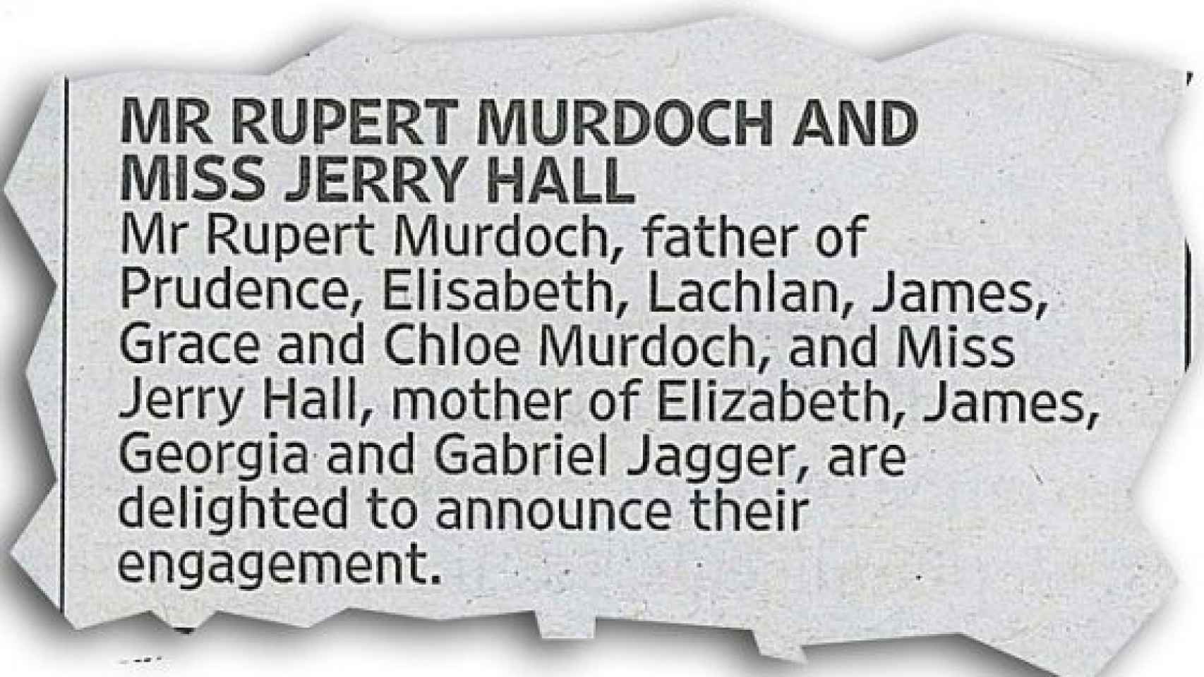 Anuncio del compromiso entre Murdoch y Hall en The Times