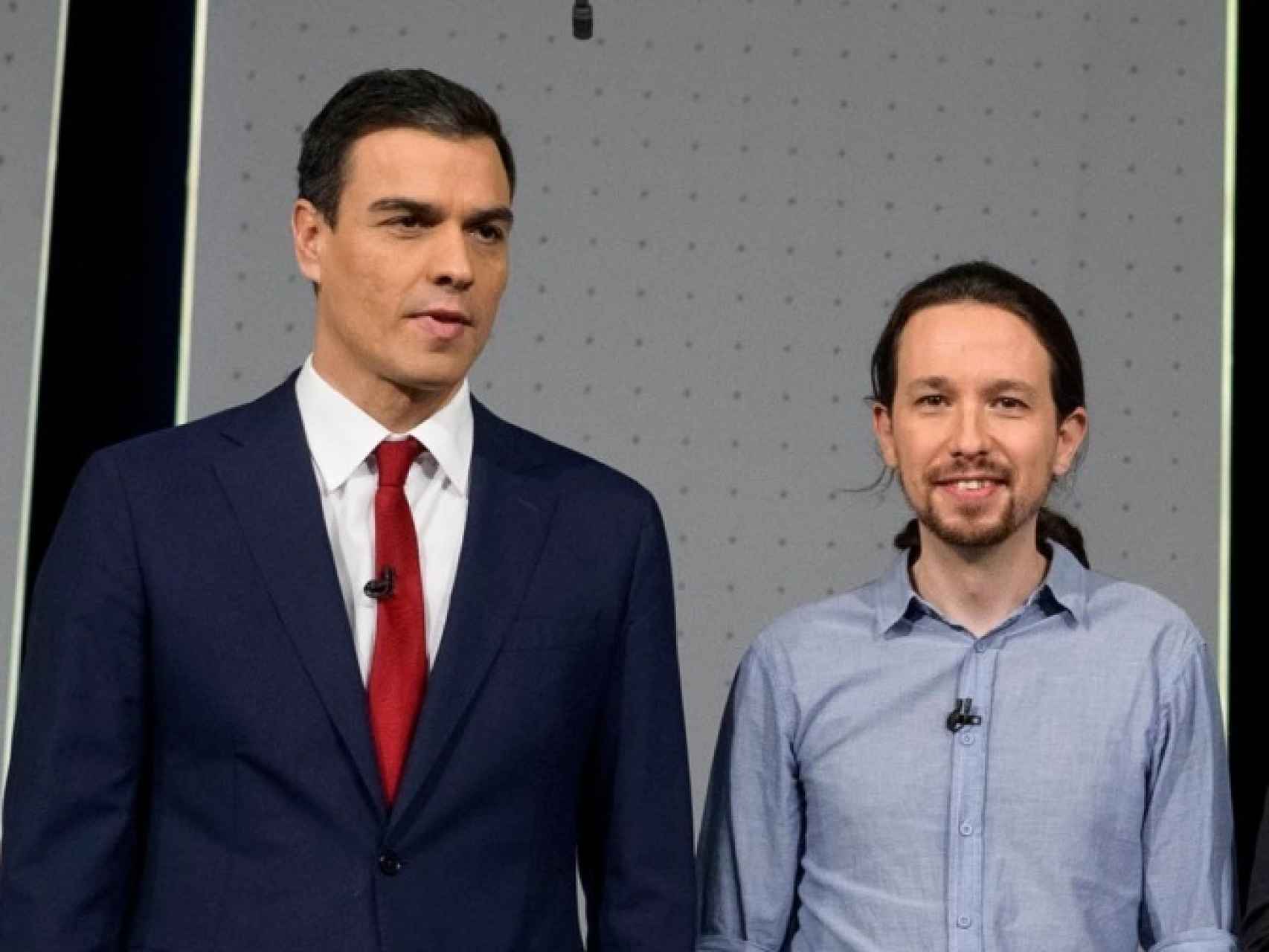 Pedro Sánchez y Pablo Iglesias, durante el debate a cuatro previo a las Elecciones.