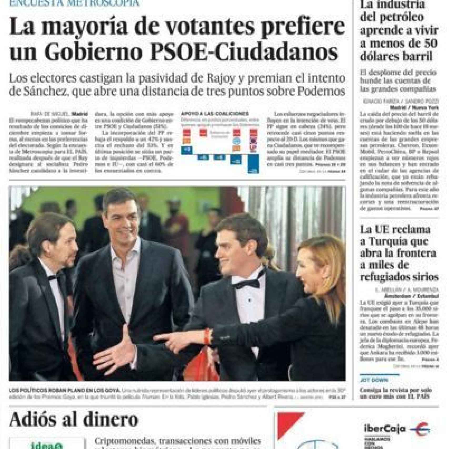Portada de El País del 07/02/2016, tal y cómo se publicó en la medianoche del sábado.