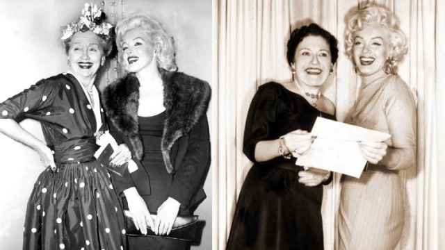 Las cronistas Hopper y Parsons acompañadas de Marilyn Monroe