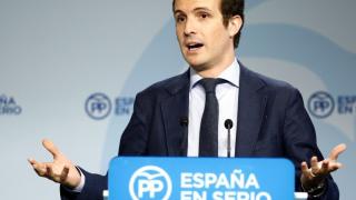 El vicesecretario de Comunicación del PP, Pablo Casado, durante la rueda de prensa.