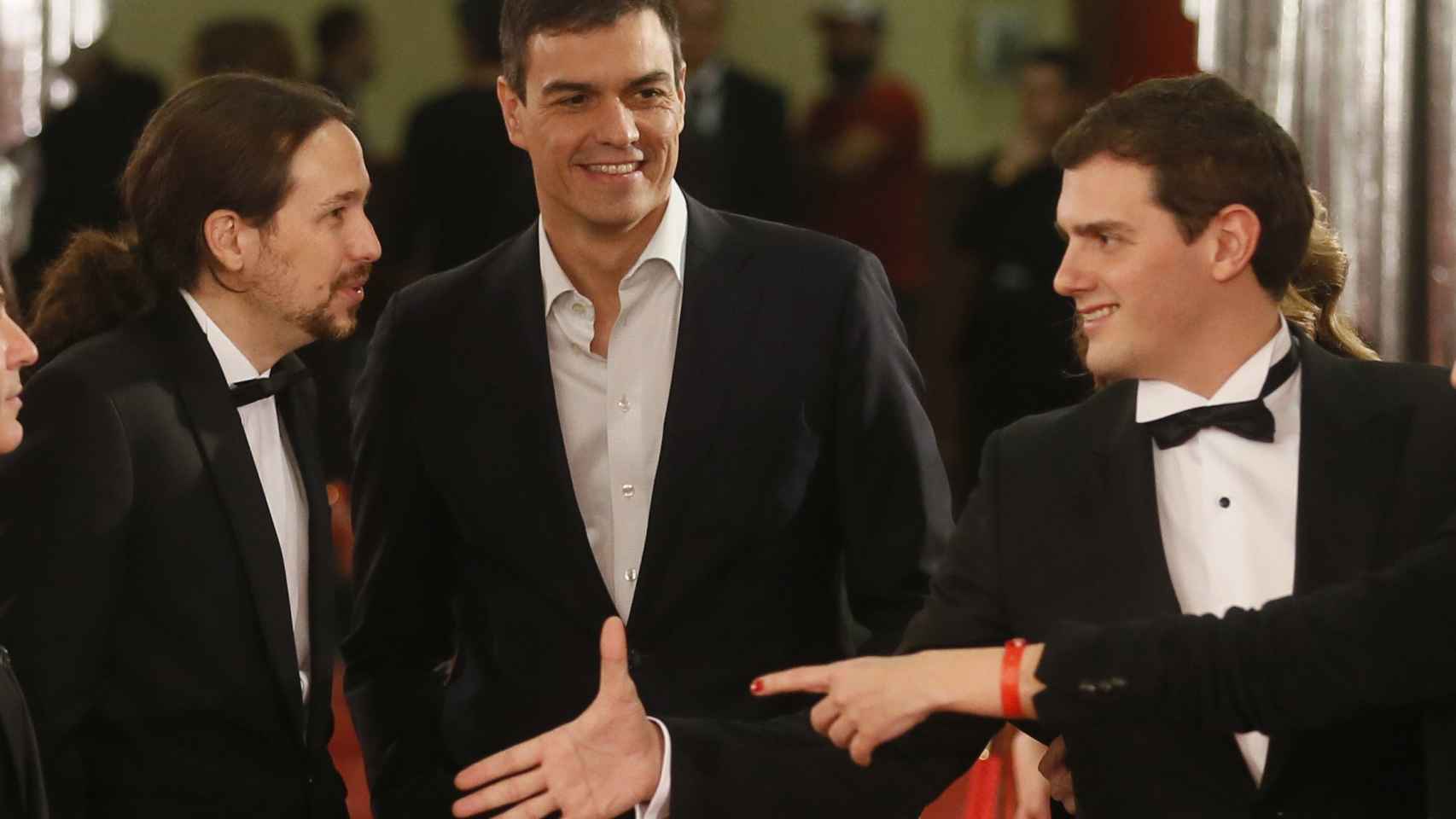 Pablo Iglesias, Pedro Sánchez y Albert Rivera en la gala de los Goya.