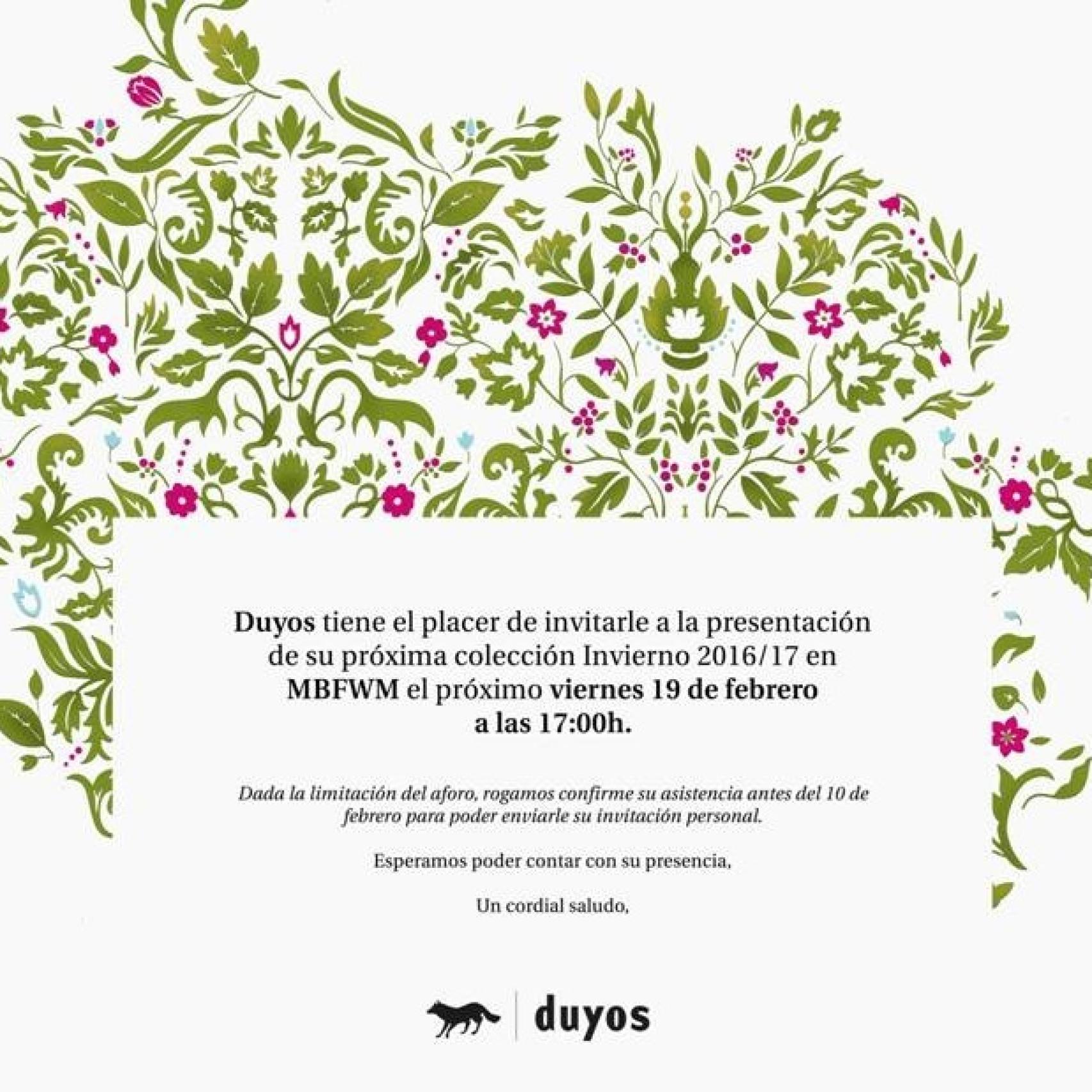 Invitación al desfile de Duyos en la MBFWM