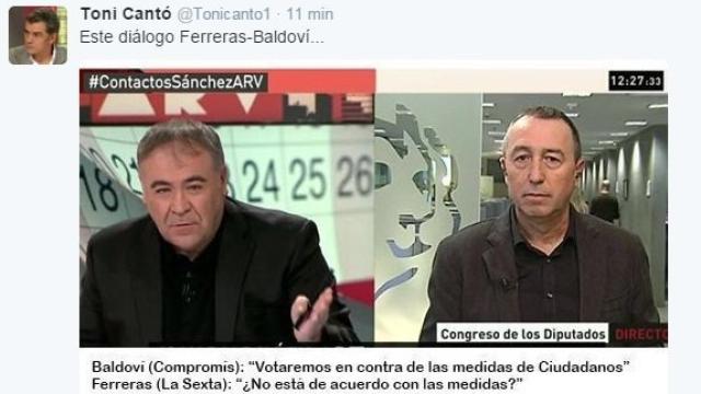 Captura del tuit de Toni Cantó con la conversación manipulada.