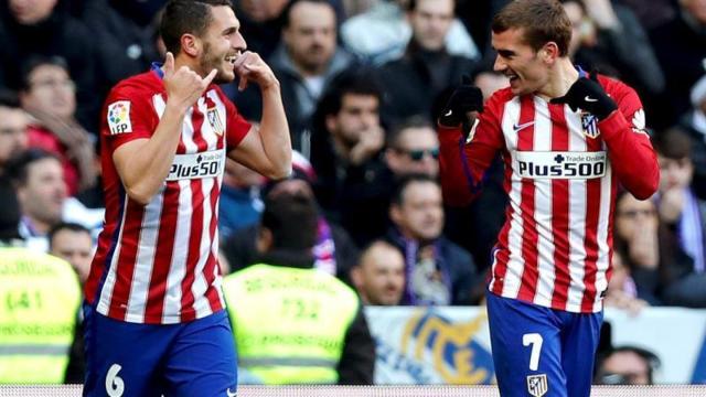 Koke Resurrección celebra el gol de Griezmann en el Bernabéu.