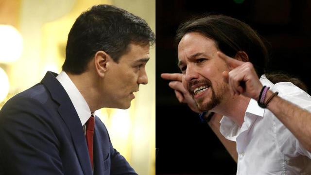Pedro Sánchez y Pablo Iglesias durante diferentes momentos del debate de investidura.