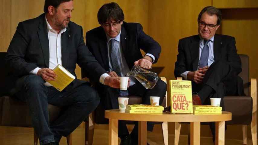 Junqueras, Puigdemont y Mas, este martes durante la presentación de un libro prologado por el expresident