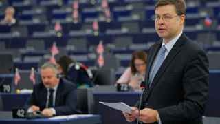 El vicepresidente económico, Valdis Dombrovskis, este miércoles en la Eurocámara