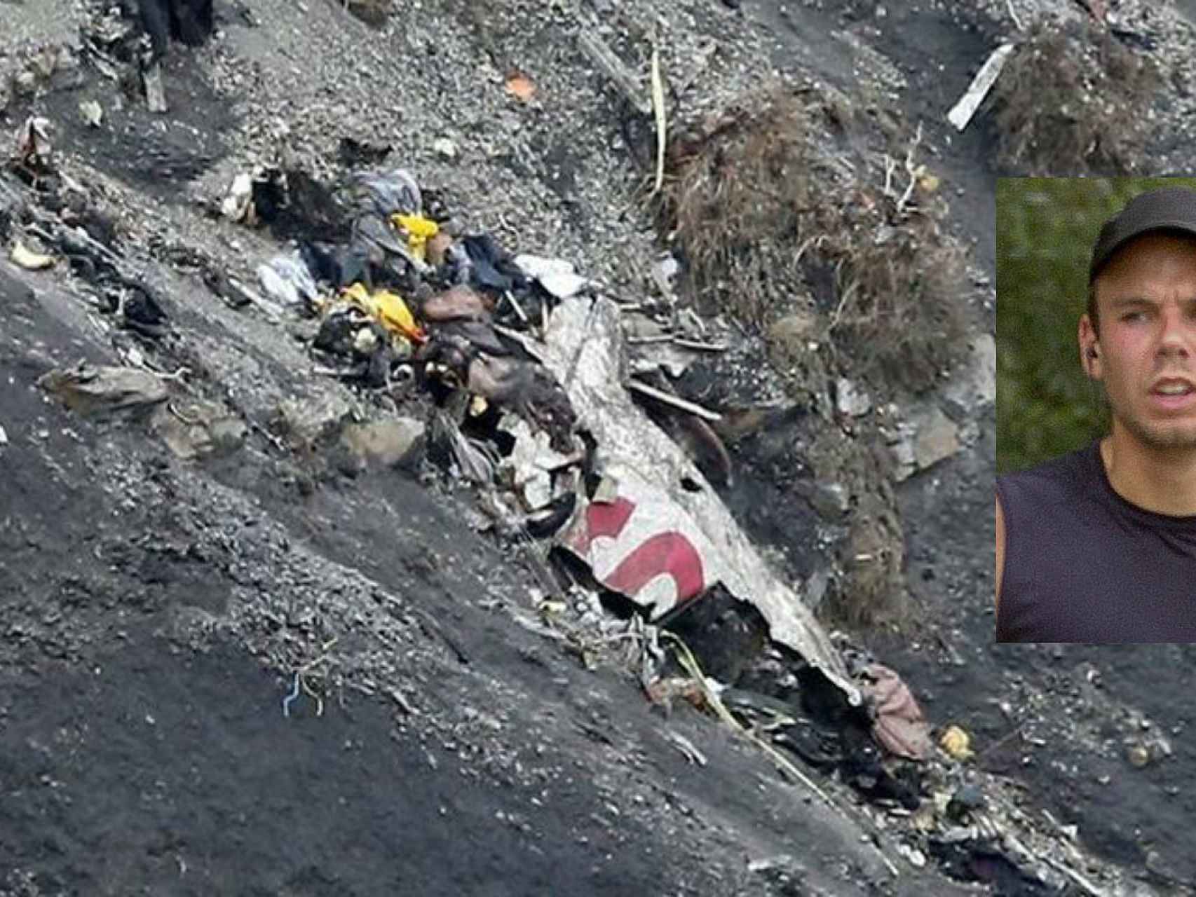 Restos de la tragedia aérea y foto del piloto, Andreas Lubitz.