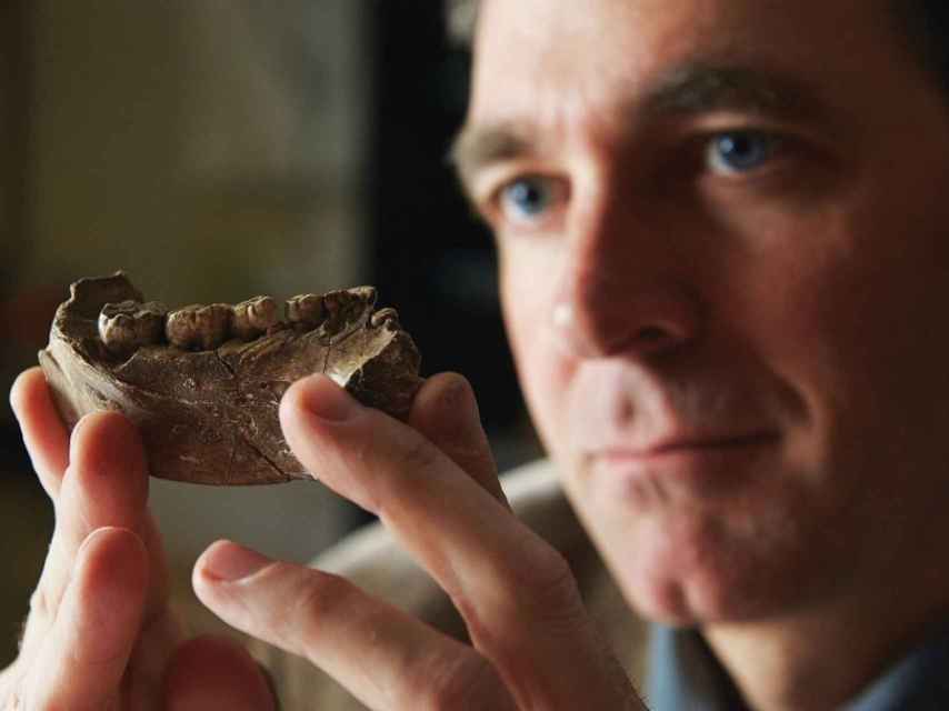 Brian Villmoare con una mandíbula de 2,8 millones de años.