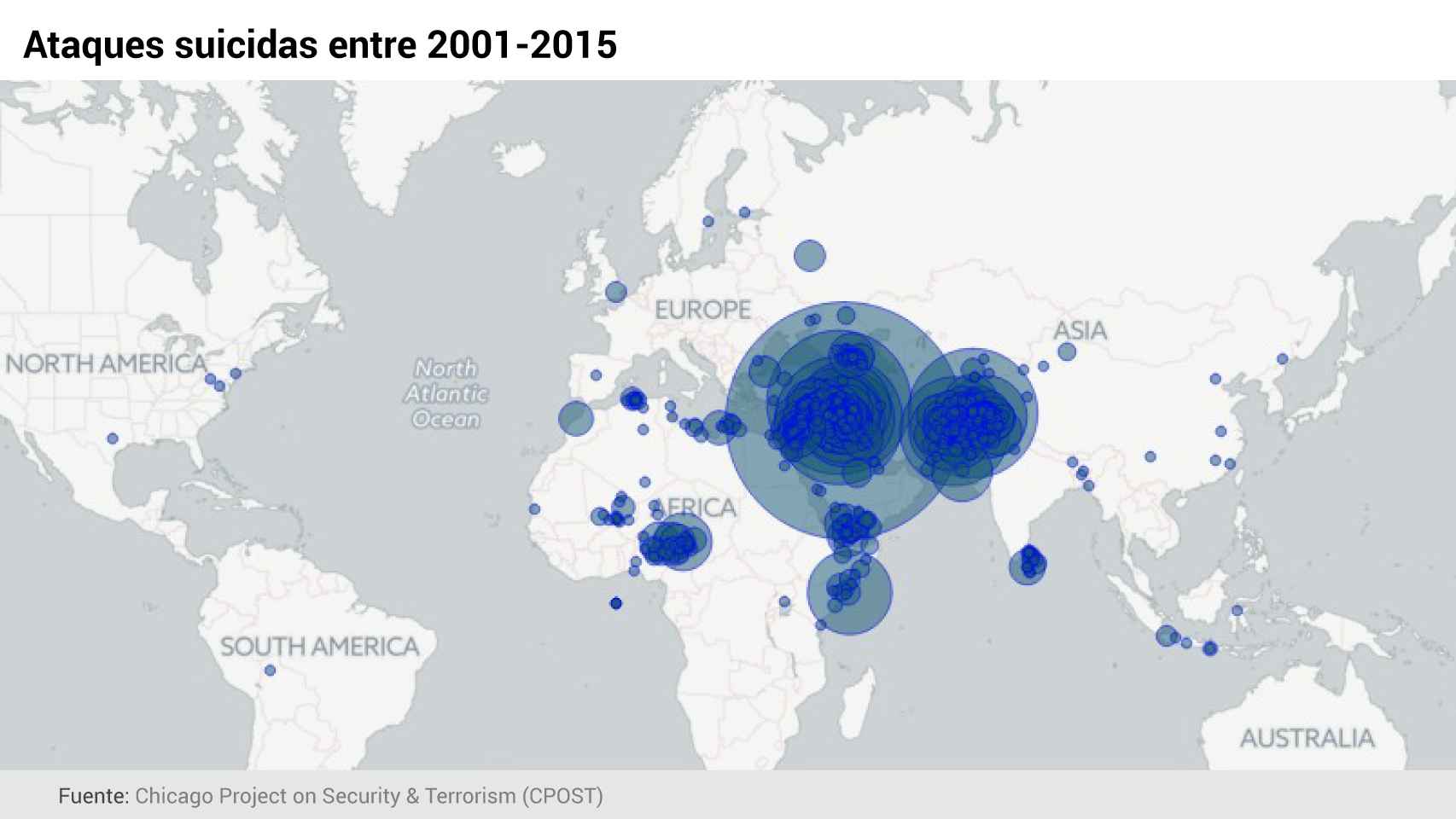 Mapa mundi de los terroristas kamikazes desde el año del 11-S (aclaración sobre Madrid al final del artículo).