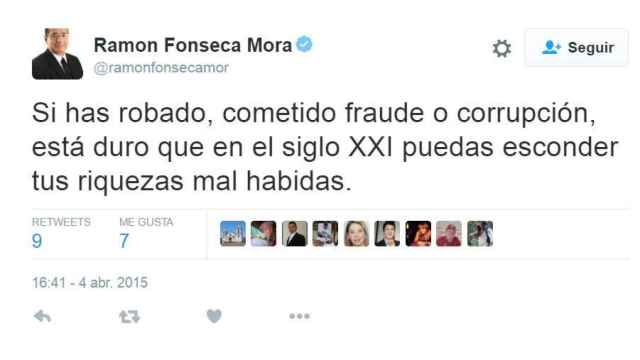 El tuit de Ramón Fonseca un año exacto antes de descubrirse la trama.