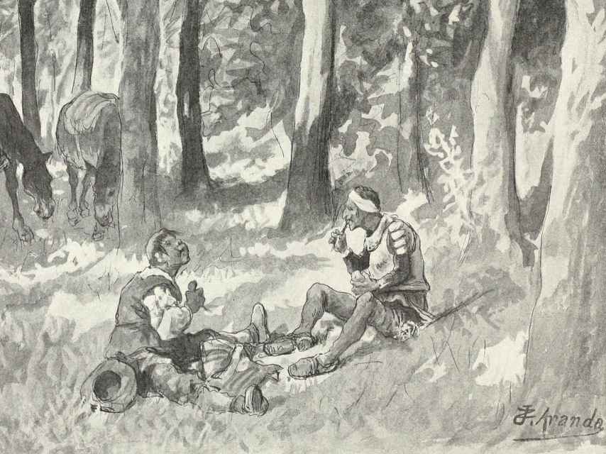 Don Quijote y Sancho Panza comiendo en el campo. José Jiménez Aranda, Quijote del centenario, 1905