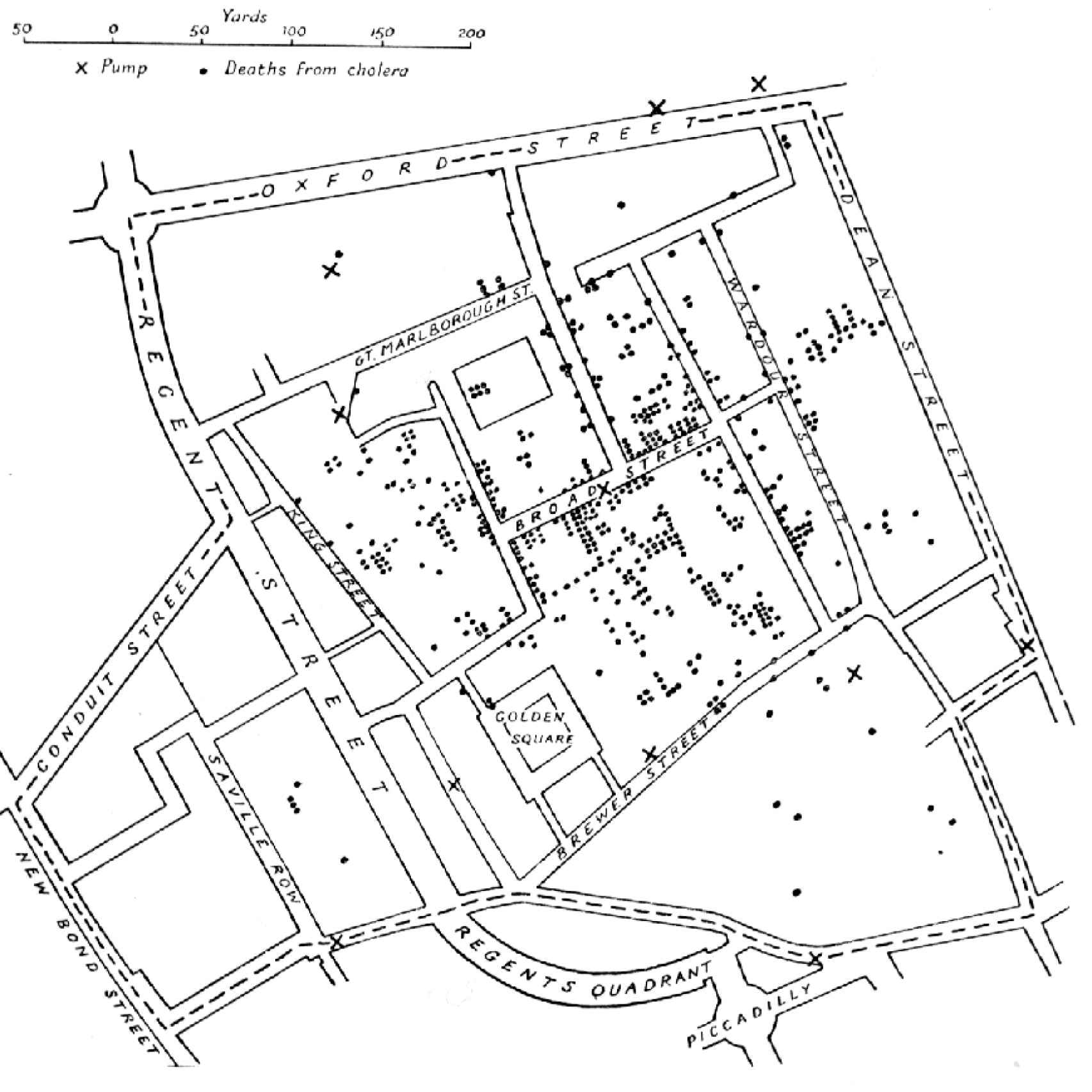 Mapa parcial del cólera en Londres que elaboró Snow.