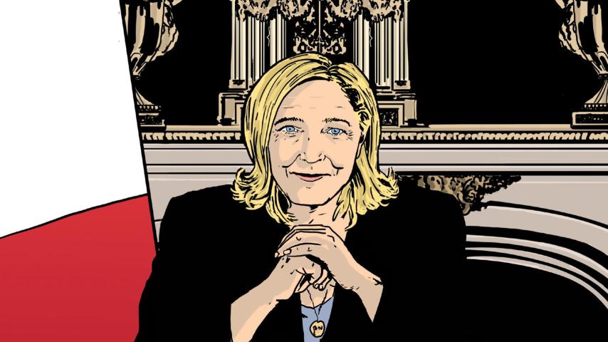 Ilustración principal del comic que sugiere a Marine Le Pen como presidenta.