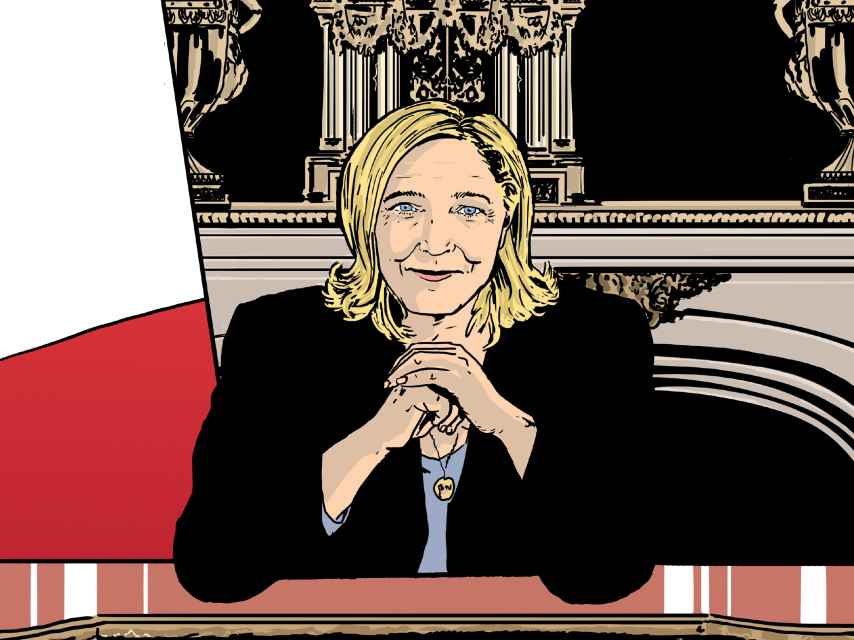 Ilustración principal del cómic que sugiere a Marine Le Pen como presidenta.