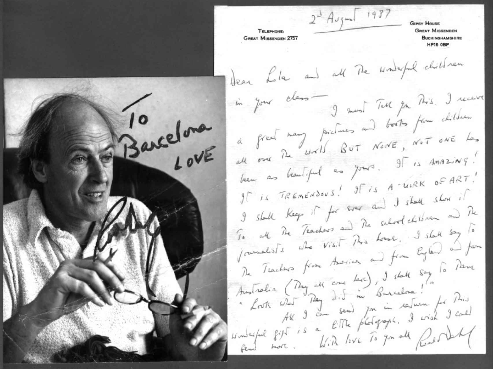Carta de Roald Dahl a la profesora Lola Casas, de la escuela Camí del Mig (Mataró).