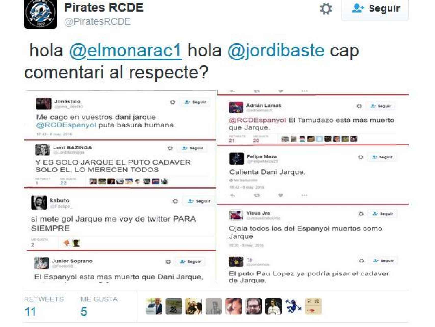 Collage de una cuenta de apoyo al Espanyol con insultos a Jarque.