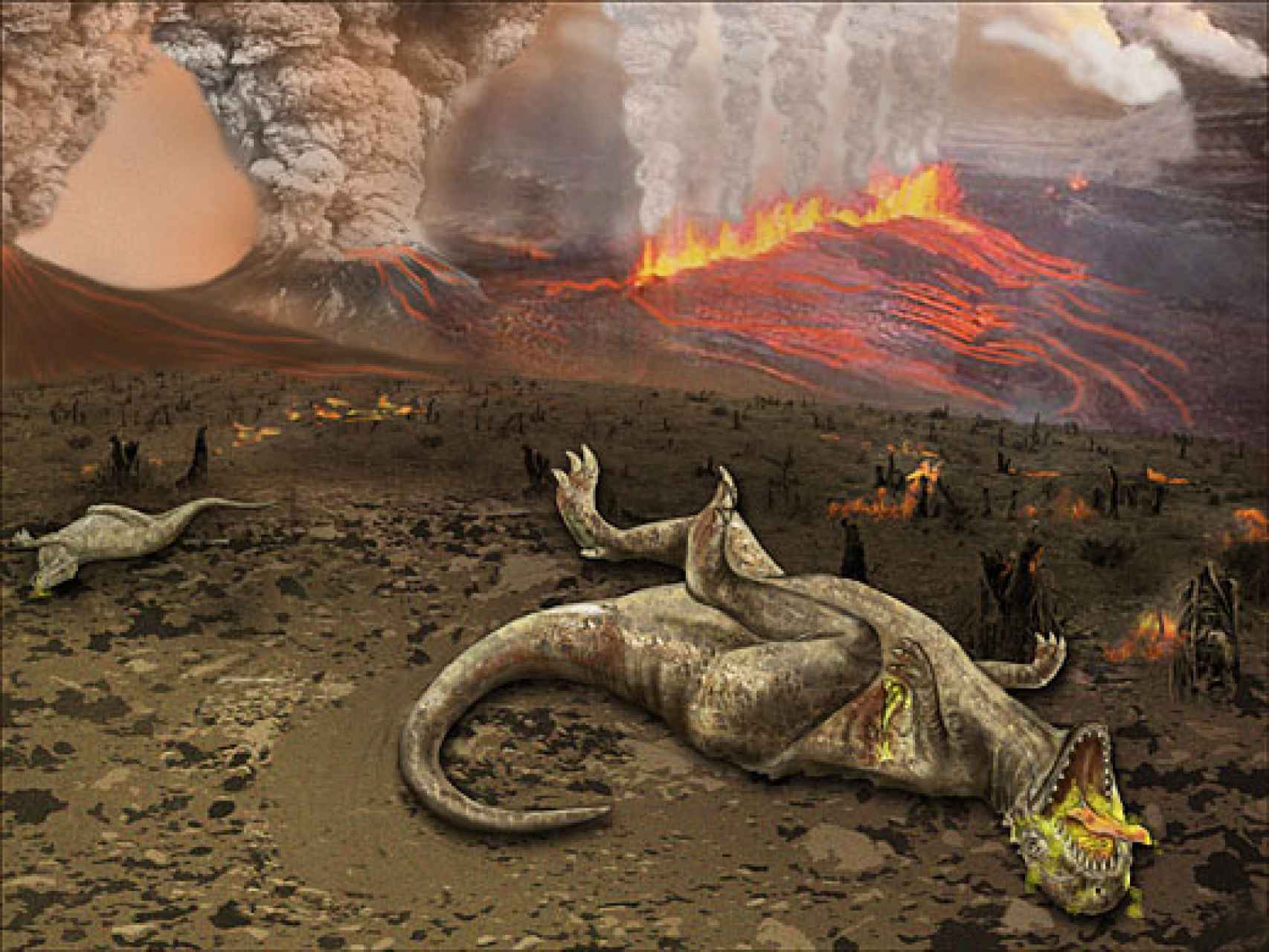 Ilustración de la extinción de los dinosaurios por la actividad volcánica.