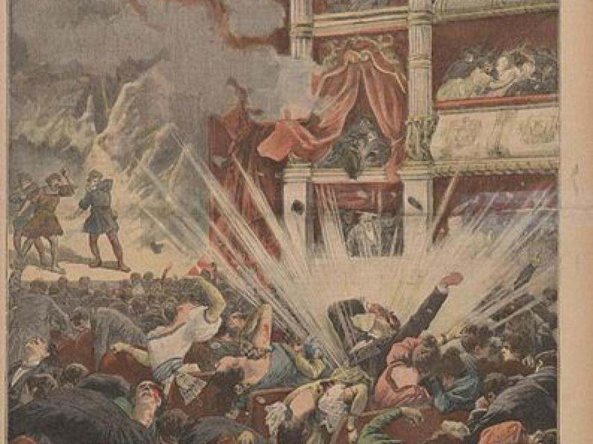 Portada de Le Petit Journal, informando de un atentado en el Liceo.