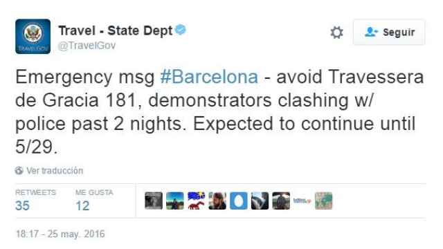 El tuit con el que EEUU avisa de que los disturbios pueden durar hasta el domingo.