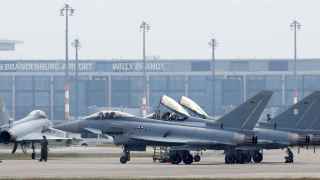 German Air Force Eurofighter combat aircrafts are pictured in front of a building of Berlin Brandenburg international airport Willy Brandt (BER) at the ILA Berlin Air Show in Schoenefeld