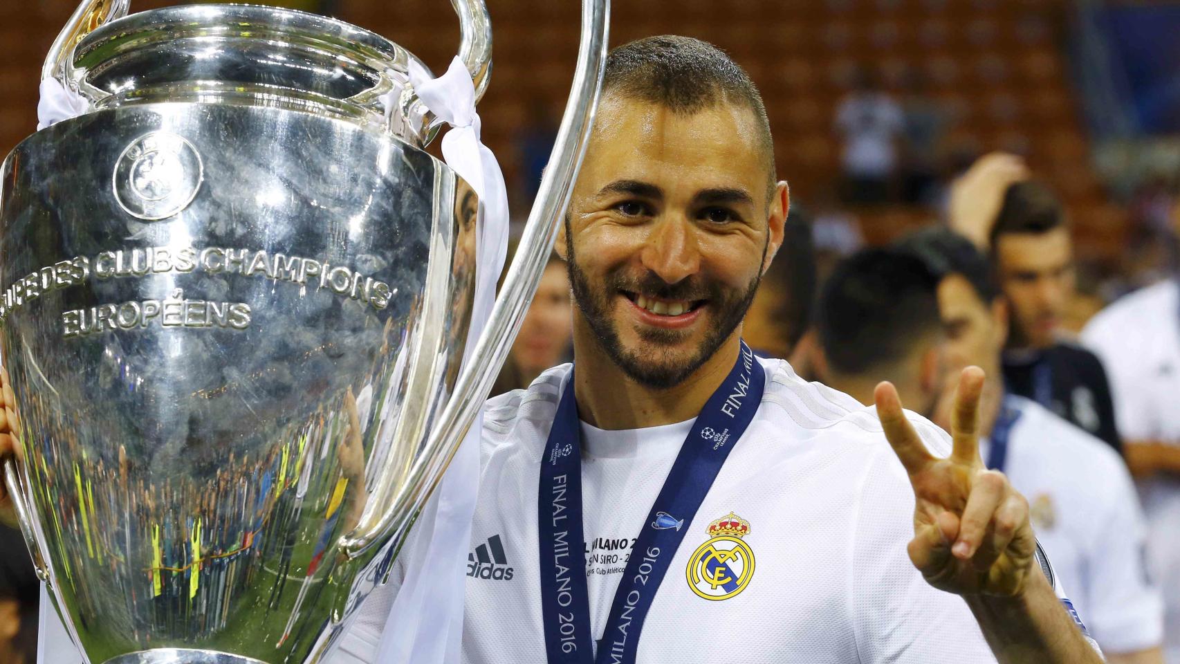 File photo of Real Madrid striker Karim Benzema with UEFA Champions League Cup