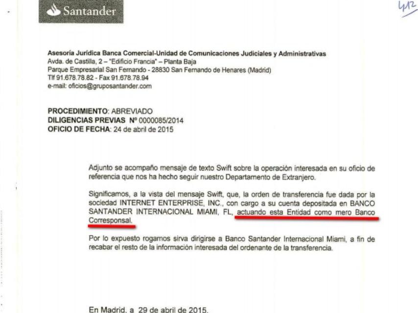 Correo remitido por el Banco Santander a la Audiencia Nacional.