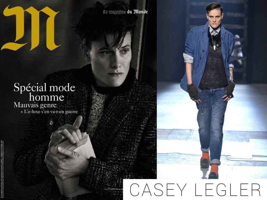 Casey Legler en la portada de Le Magazine du Monde y desfilando para Michael Bastian