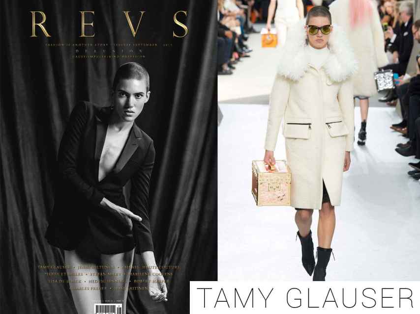 Tamy Glauser en la portada de Revs y desfilando para Louis Vuitton