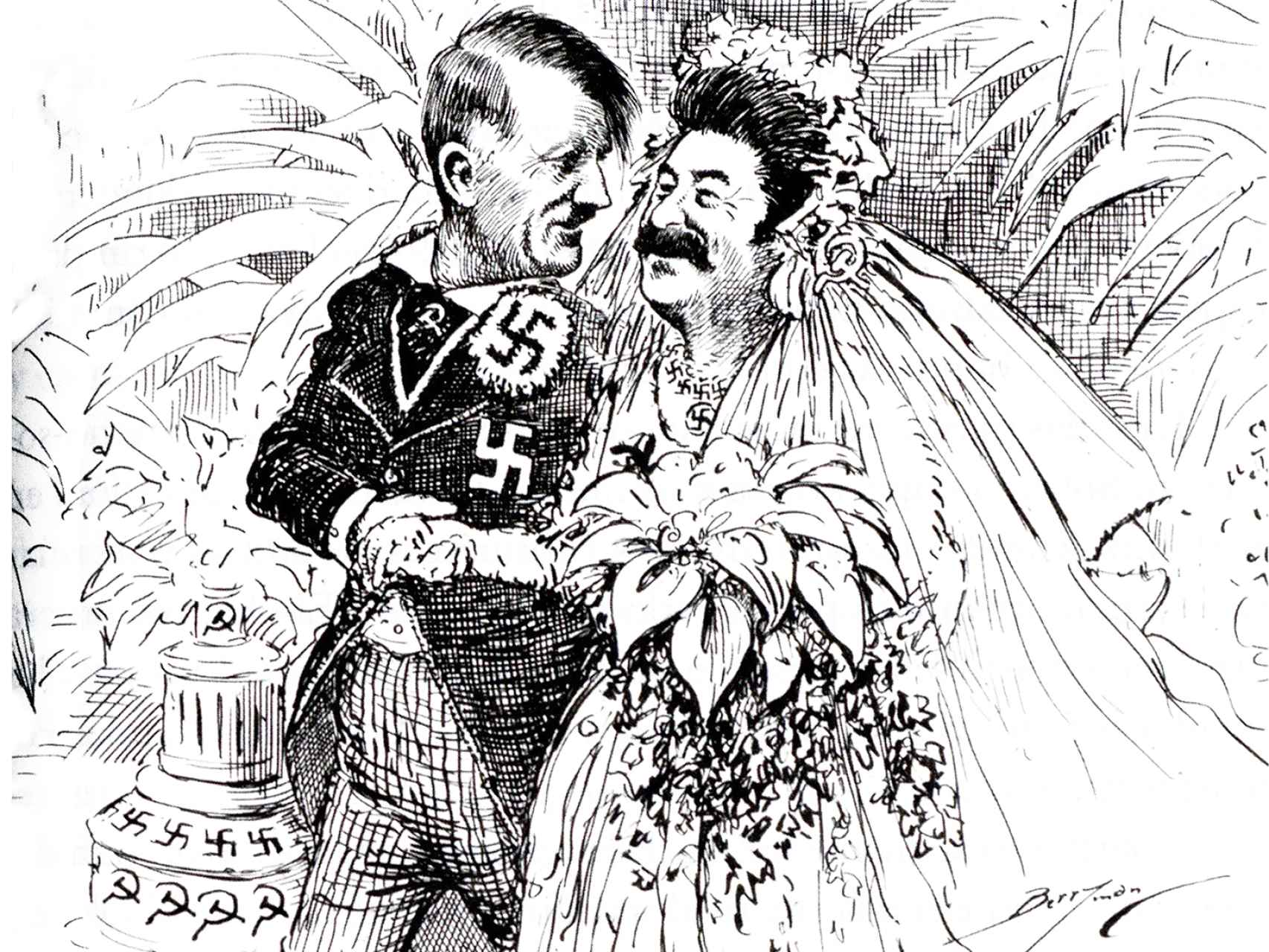 Una de las páginas del libro muestra un retrato del pacto germánico-soviético como un matrimonio de conveniencia.