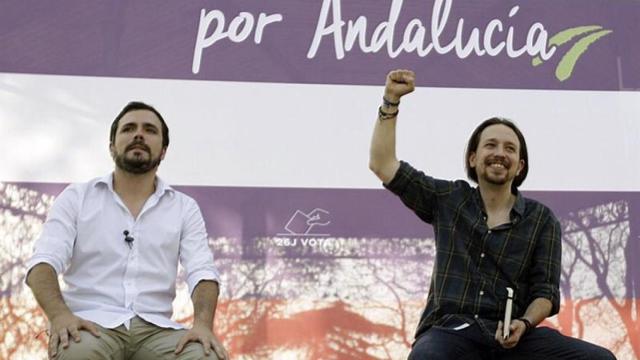 Alberto Garzón y Pablo Iglesias este jueves en Jerez de la Frontera.