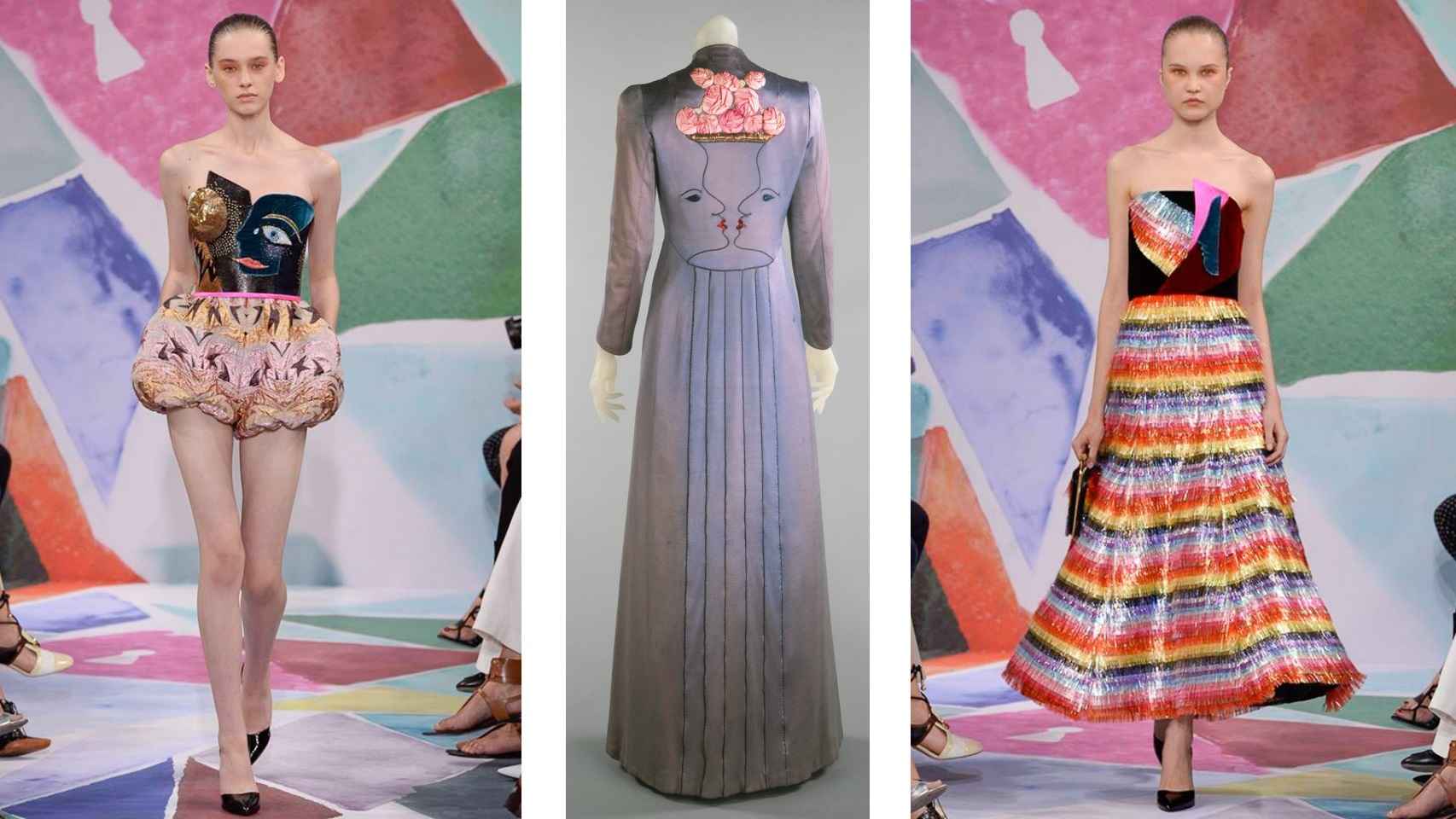 En el centro vestido que Elsa hizo con el artista Jean Cocteau y, a ambos lados, diseños del desfile OI 2016/2017.